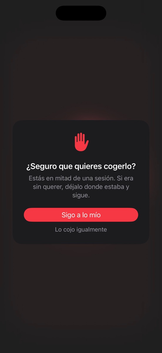 Aviso de POMONDOR al coger el móvil en mitad de una sesión