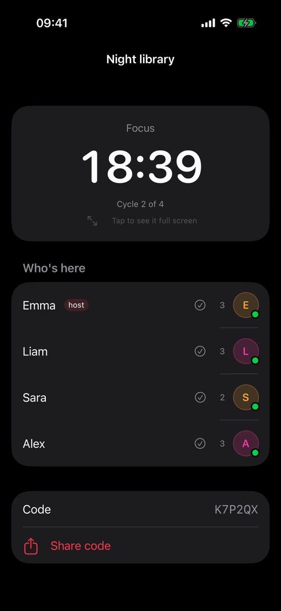 Live study room with one clock for the whole group